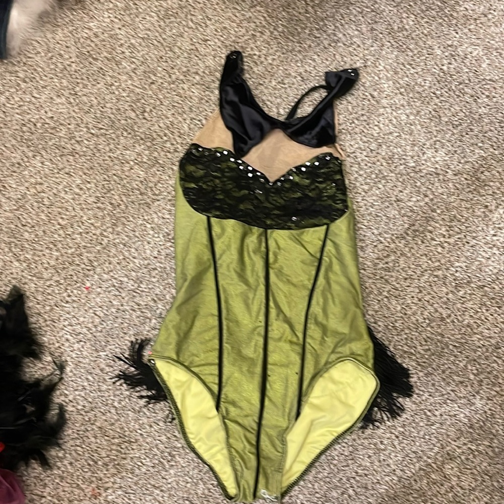 One piece green and black dance costume with fringe! Art Studio small adult.